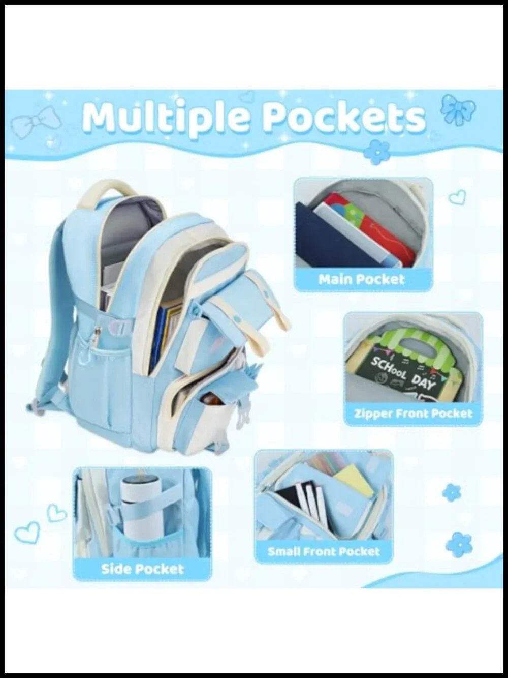 5pc Girls Backpack with Lunch Box Set, Kawaii Aesthetic Bookbag